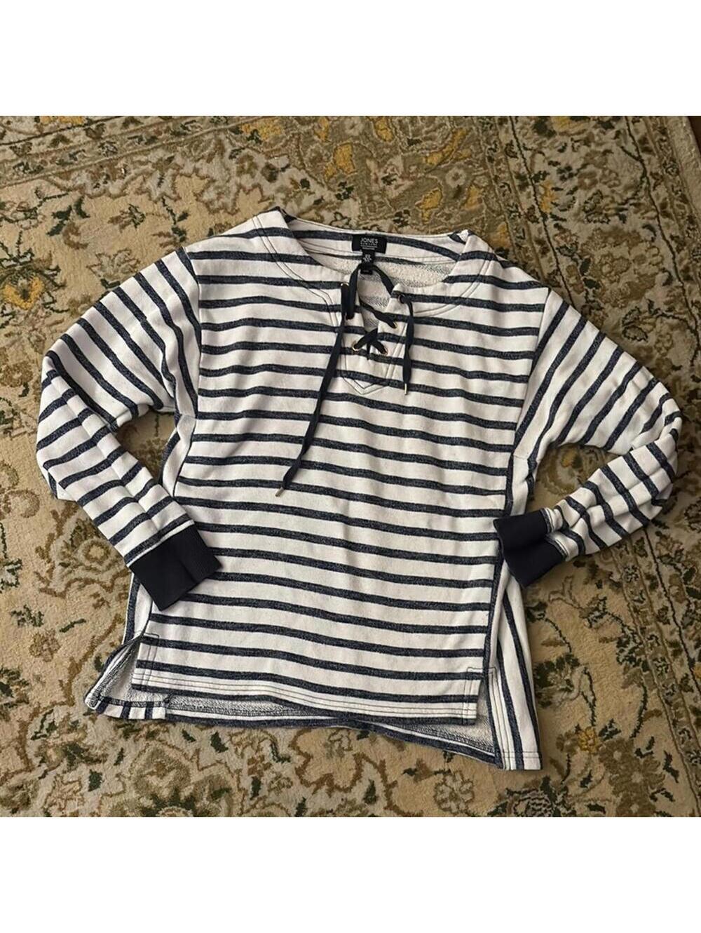 Jones New York Navy and White Striped Pullover Sweater Coastal Beachy Minimal
